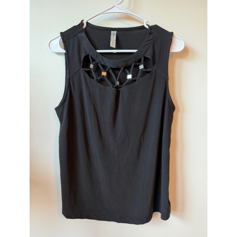 Perception Concept Black Sleeveless Top Lattice Cutout Neckline Silver Beads L